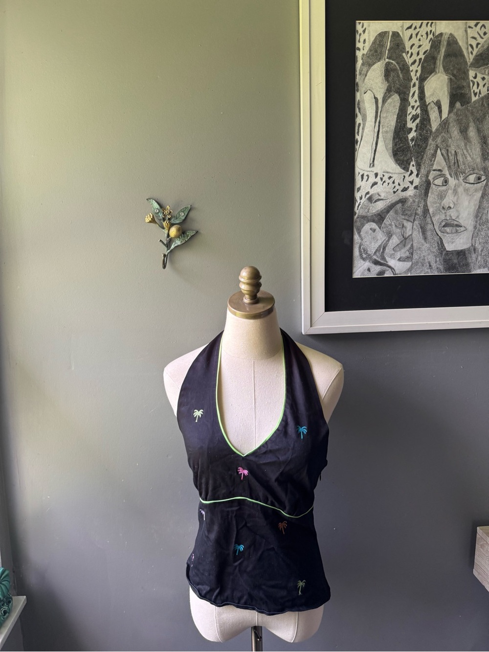 Vintage Y2K Bamboo Traders Black Halter Top with Green Piping Size Medium